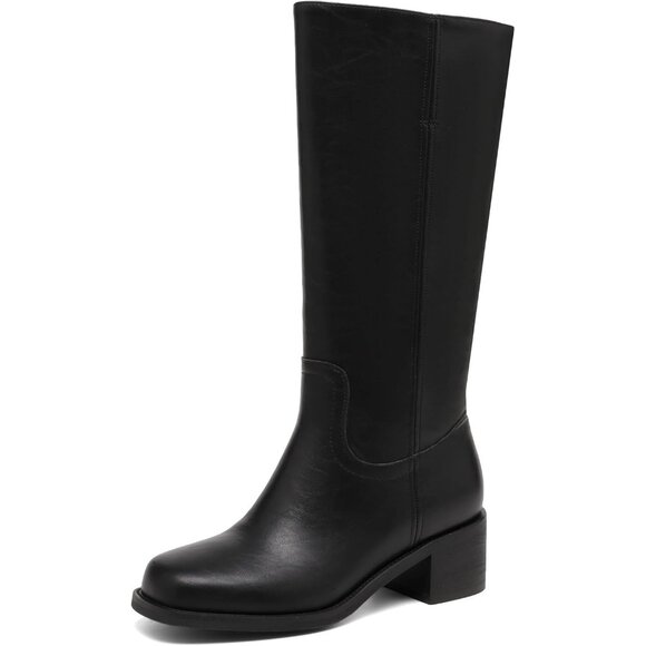 Women's Black Knee High Boots Square Toe Chunky Block Heel Long Boots - Picture 1 of 6